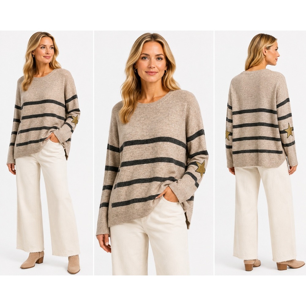 Wyse London Sweater L Beige Striped Star Elbow Patch Cozy Designer Knitwear